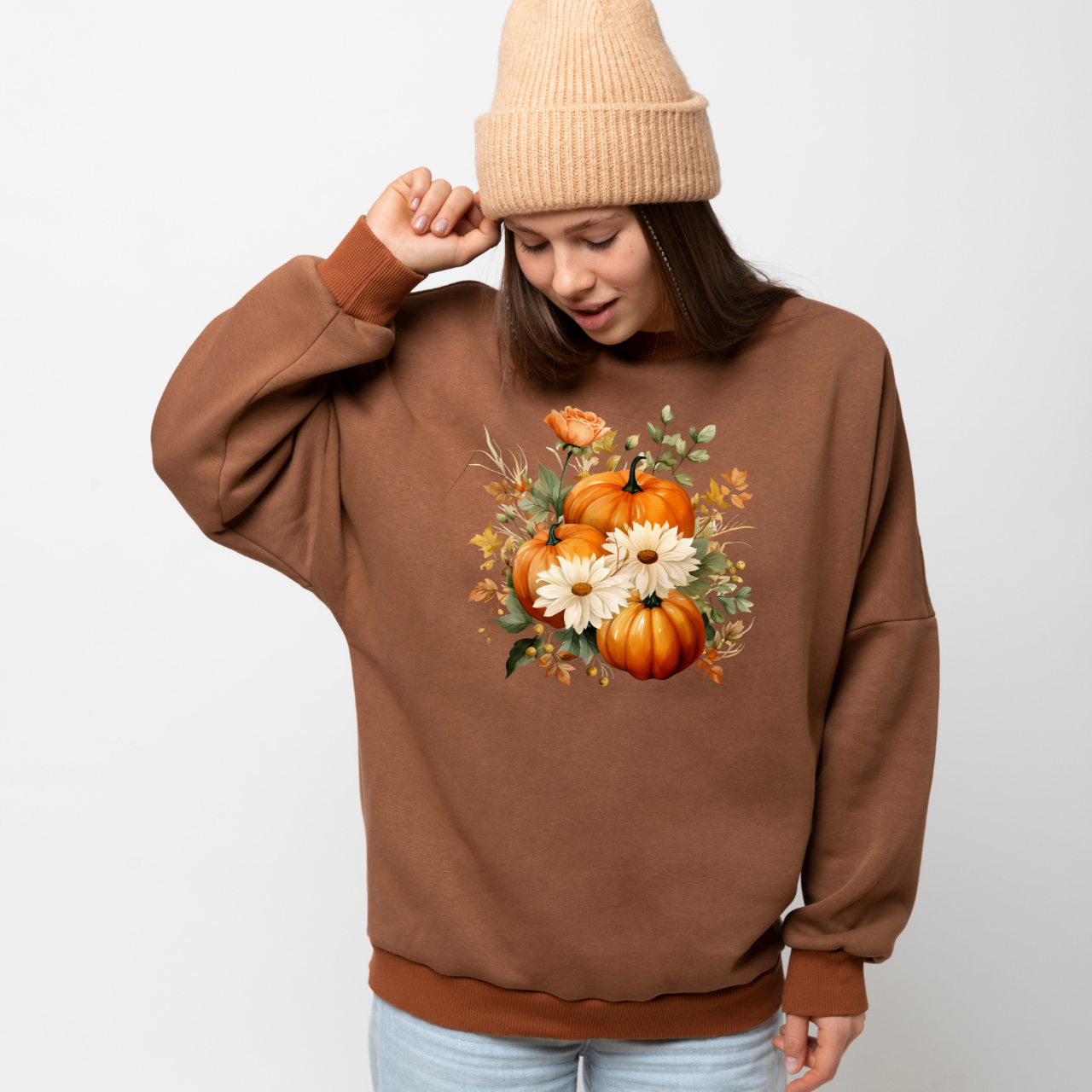 Autumn Floral Sweatshirt - Cozy Unisex Crewneck for Fall, Pumpkin Sweatshirt, Cute Fall Apparel, Harvest Gift, Thanksgiving Outfit