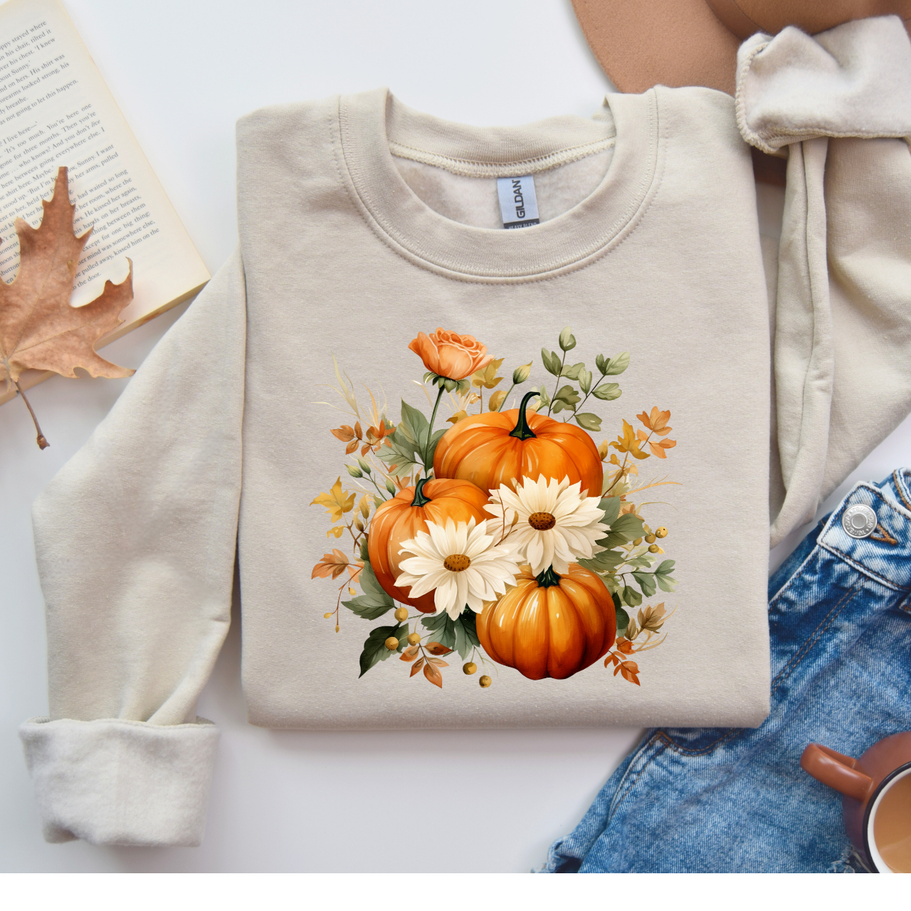 Autumn Floral Sweatshirt - Cozy Unisex Crewneck for Fall, Pumpkin Sweatshirt, Cute Fall Apparel, Harvest Gift, Thanksgiving Outfit