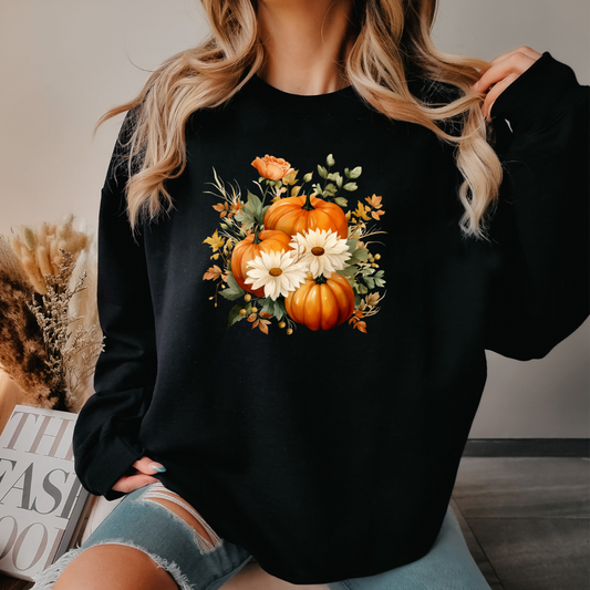 Autumn Floral Sweatshirt - Cozy Unisex Crewneck for Fall, Pumpkin Sweatshirt, Cute Fall Apparel, Harvest Gift, Thanksgiving Outfit